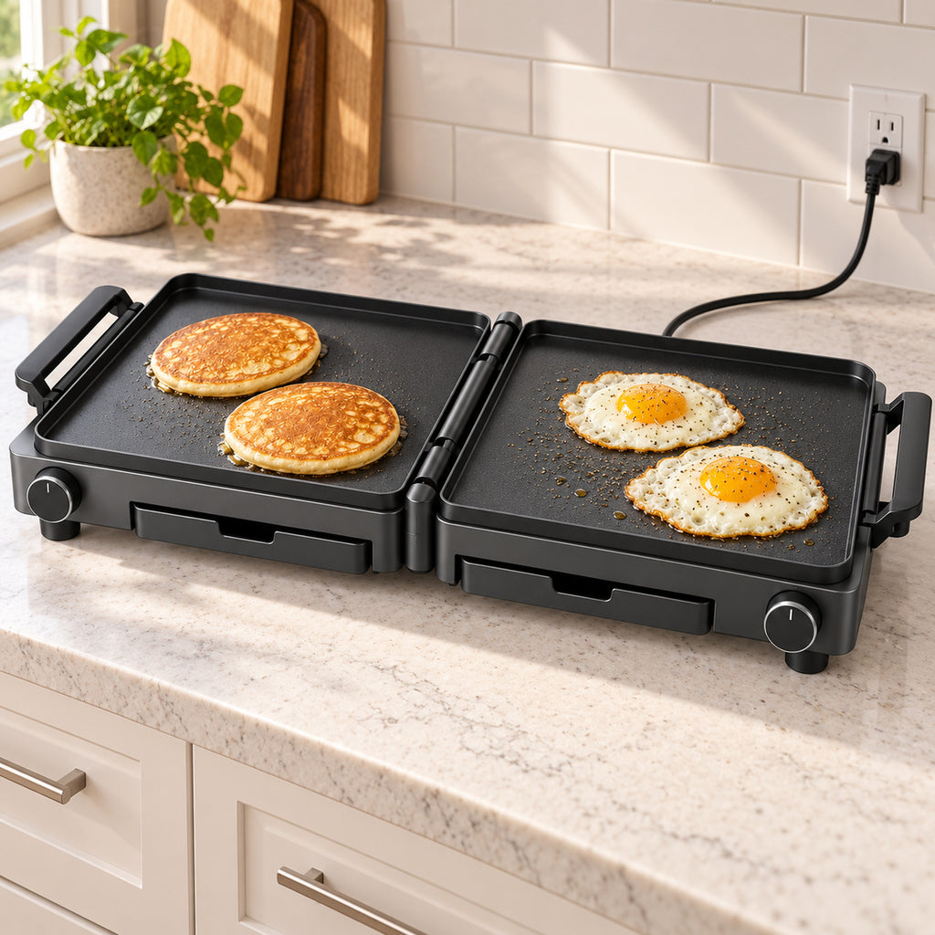 Fold-Flat Dual-Panel Electric Griddle