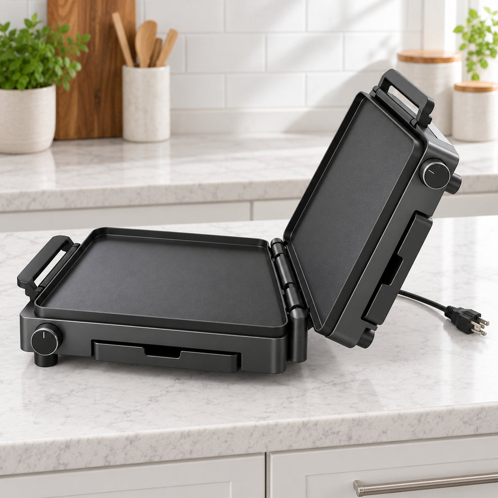 Fold-Flat Dual-Panel Electric Griddle